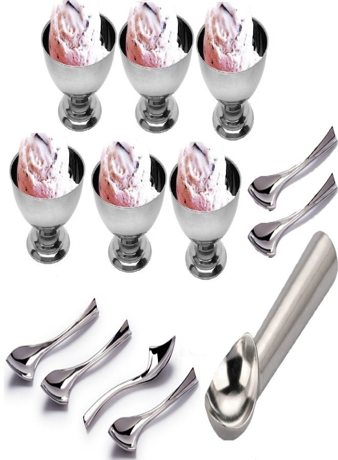 Dynore طقم داينور من الفولاذ المقاوم للصدأ مكون من 13 قطعة - 6 أكواب آيس كريم/وعاء شوربة و6 ملاعق آيس كريم مع مغرفة آيس كريم واحدة سميكة - Image 2